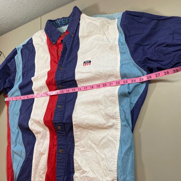 Chaps Mens Large Long Sleeve Stripes Collared Color Block Red White Blue - Picture 5 of 9